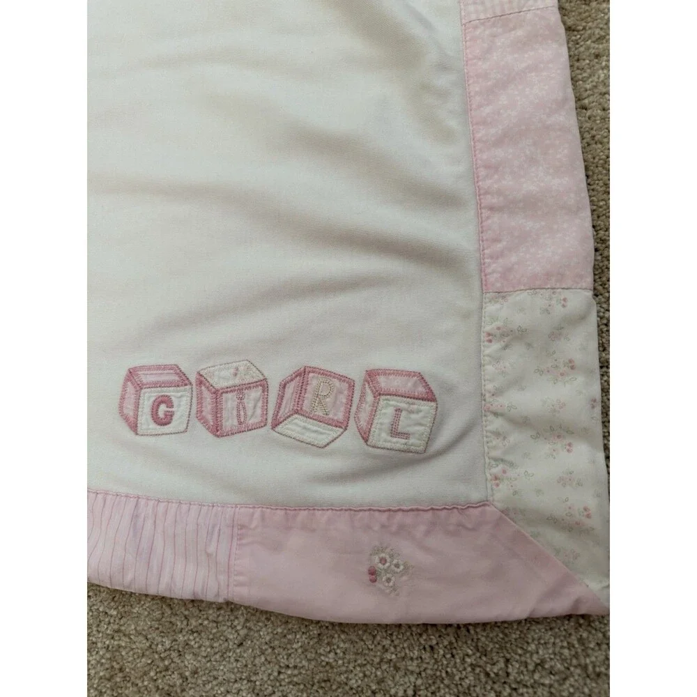 Vintage 2002 Gymboree Baby Girl Blanket Pink White Patchwork Embroidered Blocks